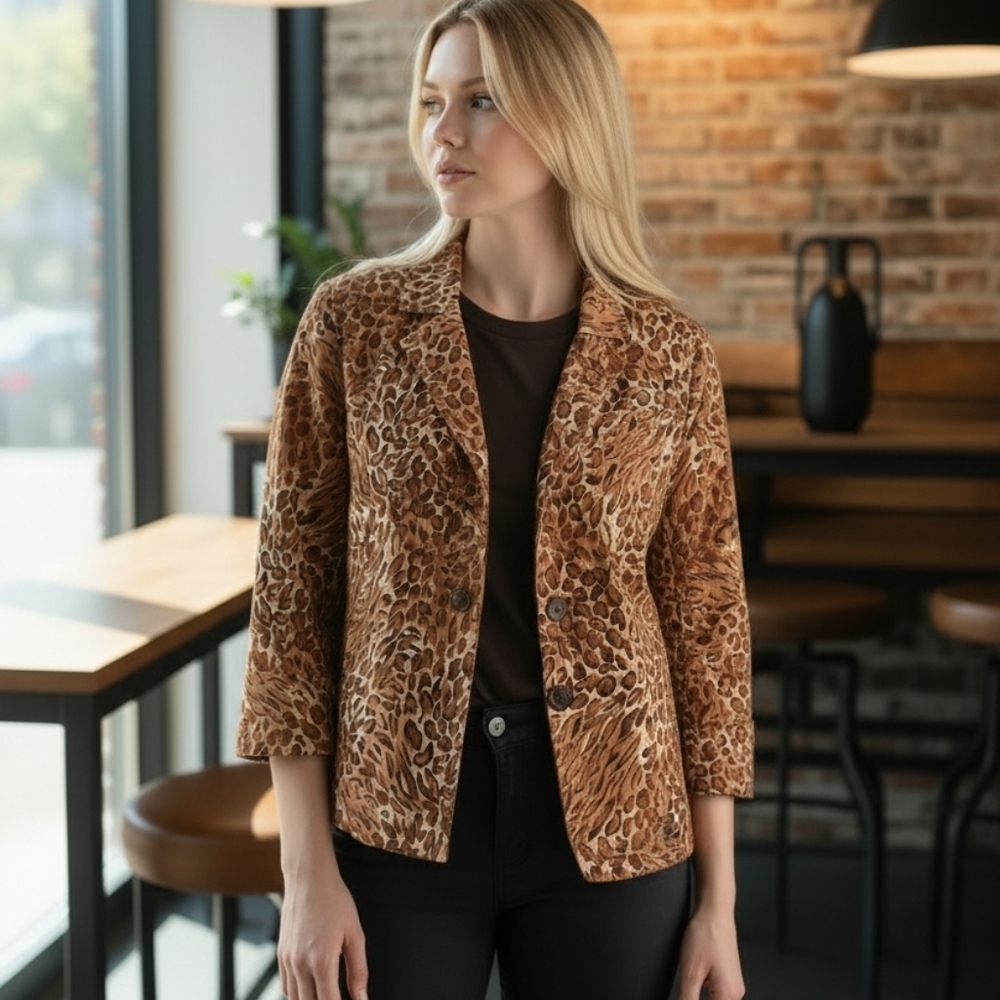 EUC Carrie Allen Animal Print Jacket XL Lined Button Front 3/4 Sleeve Cheetah!